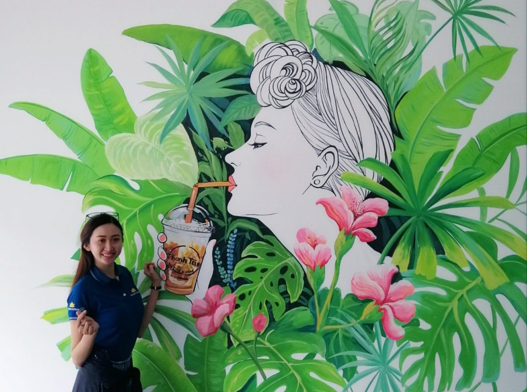 Kết quả hình ảnh cho Vẽ tranh tường quán trà sữa hoa 3D